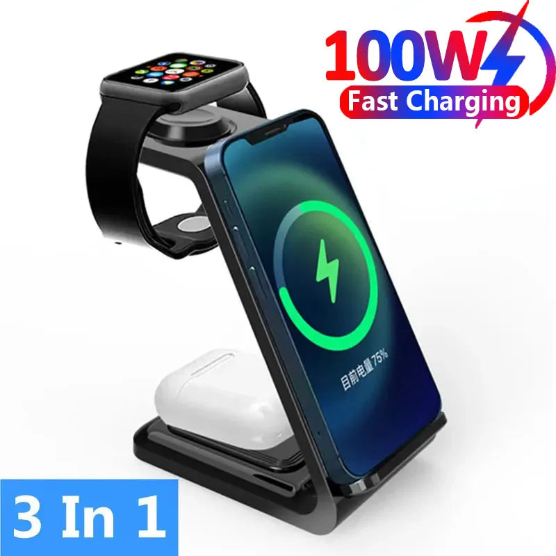 100W Wireless Charger 3 In 1 Stand Dock For Apple Watch 8 7 AirPods iPhone15 14 13 12 11 XS X 8 Induction Fast Charging Station