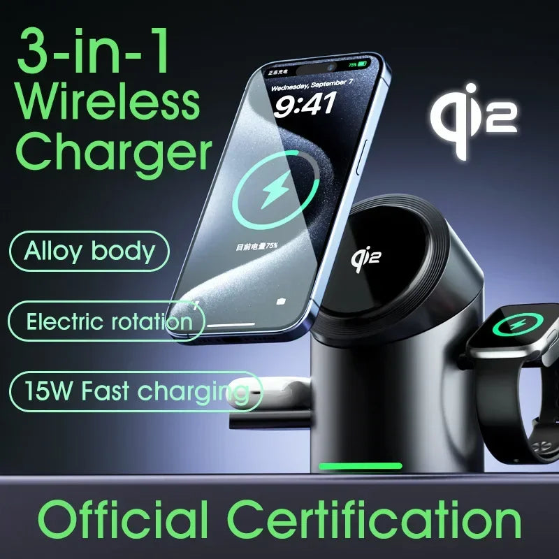 Top One Qi2 3 In 1 Magsafe Magnetic Wireless Charger For Android iPhone iWatch Airpods Induction Fast Charging Pad Dock Station